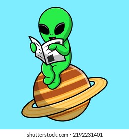 Cute Alien Reading Newspaper Cartoon Vector Icon Illustration. Flat Cartoon Concept