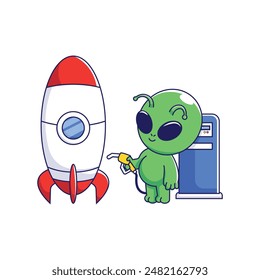 Cute alien refueling rocket Cartoon Vector
