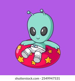 Netter Alien ist entspannend sitzen auf einem Ring Ball Cartoon Vektor Icon Illustration. Szenenplaneten Symbolkonzept isolierter Premium-Vektor