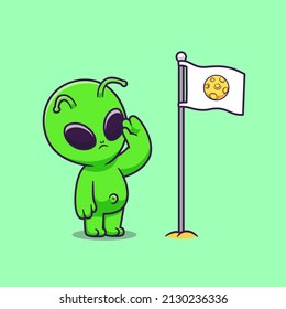 Cute Alien Respect Moon Flag Cartoon Vector Icon Illustration. Science Technology Icon Concept Isolated Premium Vector. Flat Cartoon Style