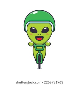 Cute alien ride on bicycle. Cartoon vector Illustration suitable for poster, brochure, web, mascot, sticker, logo and icon.