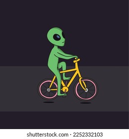 Cute Alien Riding Bicycle Cartoon Vector Icon Illustration.