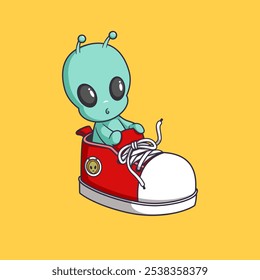 Cute Alien Riding big shoes Cartoon Vector Icon Illustration. Science sport Icon Concept Isolated Premium Vector.