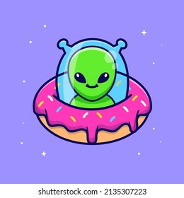 Cute Alien Riding Doughnut Ufo Cartoon Vector Icon Illustration. Science Food Icon Concept Isolated Premium Vector. Flat Cartoon Style