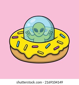 Cute Alien Riding Doughnut Ufo With Peace Hand Cartoon Vector Icon Illustration. Science Food Icon Concept Isolated Premium Vector.