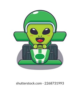 Cute alien riding a race car. Cartoon vector Illustration suitable for poster, brochure, web, mascot, sticker, logo and icon.