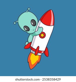 Cute Alien Riding Rocket Cartoon Vector Icon Illustration. Science Technology Icon Concept Isolated Premium Vector.