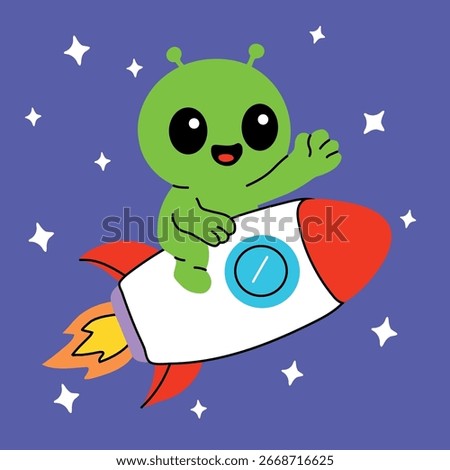 Cute Alien Riding Rocket Ship in Outer Space