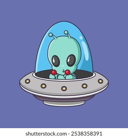 Cute Alien Riding Ufo Cartoon Vector Icon Illustration. Science Technology Icon Concept Isolated Premium Vector.