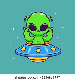 Cute Alien Riding Ufo With Korea Love Sign Hand Cartoon Vector Icon Illustration. Science Technology Icon Concept Isolated Premium Vector. Flat Cartoon Style