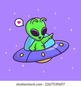 Cute Alien Riding Ufo Pointing Star Cartoon Vector Icon Illustration. Science Technology Icon Concept Isolated Premium Vector. Flat Cartoon Style