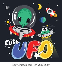 Cute alien riding ufo spaceship cartoon in space isolated on black background illustration vector.