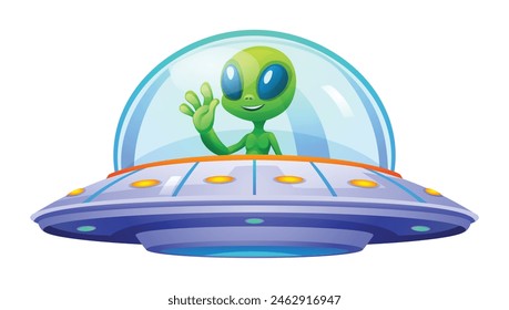 Cute alien riding ufo. Vector cartoon illustration isolated on white background