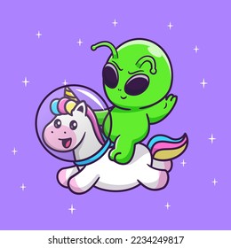 Cute Alien Riding Unicorn Astronaut In Space Cartoon Vector Icon Illustration. Science Animal Icon Concept Isolated Premium Vector. Flat Cartoon Style