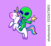 Cute Alien Riding A Unicorn Cartoon Vector Illustrations. Science Animal Concept. Flat Cartoon Style.