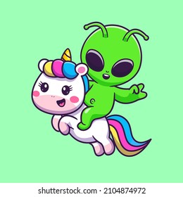 Cute Alien Riding Unicorn Cartoon Vector Icon Illustration. Science Animal Icon Concept Isolated Premium Vector. Flat Cartoon Style