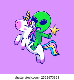 Cute Alien Riding A Unicorn Cartoon Vector Illustrations. Science Animal Concept. Flat Cartoon Style.