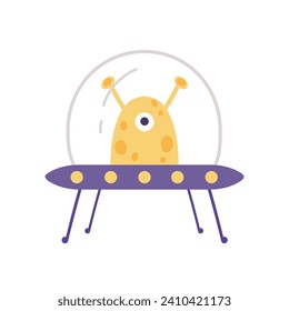 Cute alien in round spaceship. Space exploring, universe discovering cartoon vector illustration