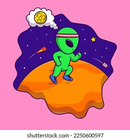 Cute Alien Running On Planet Cartoon Vector Icons Illustration. Flat Cartoon Concept. Suitable for any creative project.