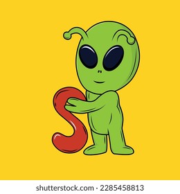 Cute Alien with S Letter Cartoon Sticker vector illustration