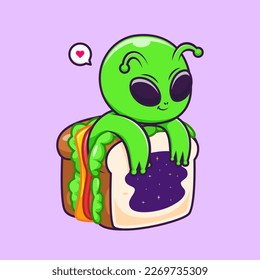 Cute Alien Sandwich Space Cartoon Vector Icon Illustration. Science Food Icon Concept Isolated Premium Vector. Flat Cartoon Style