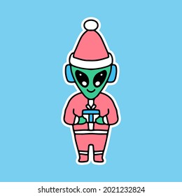 cute alien with Santa costume holding gift , cartoon illustration for stickers and t shirt.