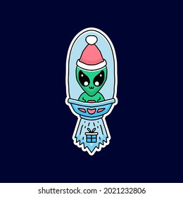 cute alien in Santa hat ride spaceship and take a gift, illustration for stickers and t shirt.