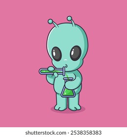 Cute Alien Scientist Holding Lab Tube Cartoon Vector Icon Illustration. Science Technology Icon Concept Isolated Premium Vector