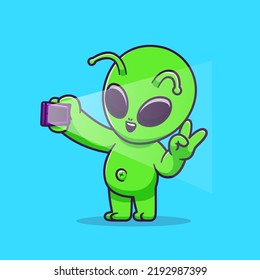 Cute Alien Selfie With Phone Cartoon Vector Icon Illustration Science Technology Icon Concept Isolated Premium Vector. Flat Cartoon Style