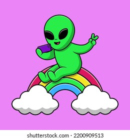 Cute Alien Selfie With Phone On Rainbow Cartoon Vector Icon Illustration. Flat Cartoon Concept