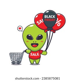 cute alien with shopping cart and balloon at black friday sale cartoon vector illustration