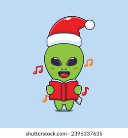 Cute alien sing a christmas song. Cute christmas cartoon character illustration. 