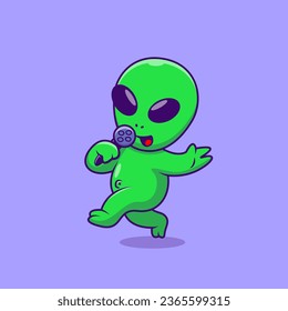 Cute Alien Singing With Microphone Cartoon Vector Icons Illustration. Flat Cartoon Concept. Suitable for any creative project.