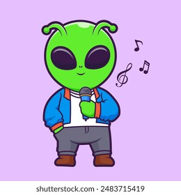 Cute Alien Singing With Microphone Cartoon Vector Icon Illustration. Science Music Icon Concept Isolated Premium Vector. Flat Cartoon Style