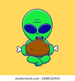 Cute Alien Sit And Eating A Meat Cartoon Vector Icon Illustration. Science Food. Flat Cartoon Character.