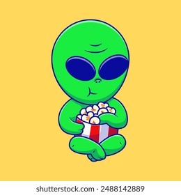 Cute Alien Sit And Eating Popcorn Cartoon Vector Icon Illustration. Flat Cartoon Character. Suitable for any creative project.