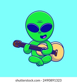 Cute Alien Sit And Playing Accoustic Guitar Cartoon Vector Icon Illustration. Science Entertainment. Flat Cartoon Concept.