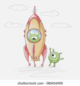 Cute alien sits in the rocket and blast off.Hand drawn style like a watercolor.Vector illustration