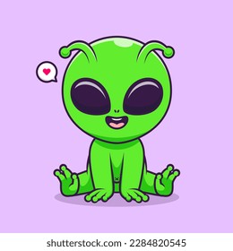 Cute Alien Sitting Cartoon Vector Icon Illustration. Science Holiday Icon Concept Isolated Premium Vector. Flat Cartoon Style