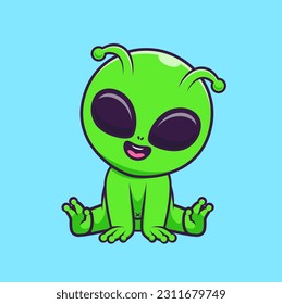 Cute Alien Sitting Cartoon Vector Icon Illustration. Science Holiday Icon Concept Isolated Premium Vector. Flat Cartoon Style