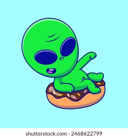 Cute Alien Sitting On Doughnut Cartoon Vector Icons Illustration. Flat Cartoon Concept. Suitable for any creative project.