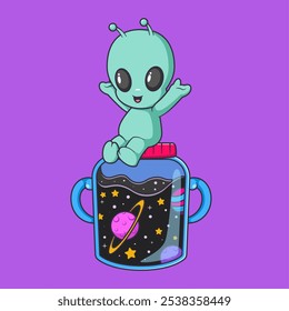 Cute alien sitting on Jar of Galaxy Space Cartoon Vector Icon Illustration. Technology Space Icon Concept Isolated Premium Vector.