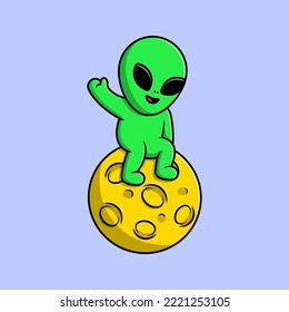 Cute Alien Sitting On Moon With Waving Hand Cartoon Vector Icons Illustration. Flat Cartoon Concept. Suitable for any creative project.
