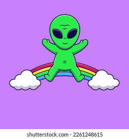 Cute Alien Sitting On Rainbow Cloud Cartoon Vector Icons Illustration. Flat Cartoon Concept. Suitable for any creative project.