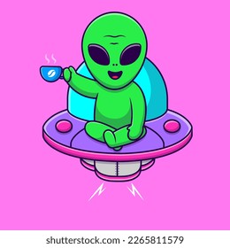 Cute Alien Sitting On Ufo Drink Hot Coffee Cup Cartoon Vector Icons Illustration. Flat Cartoon Concept. Suitable for any creative project.