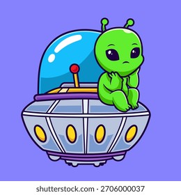 Cute Alien Sitting On Ufo Cartoon Vector Illustration. Science Technology Icon Concept Isolated Premium Vector. Flat Cartoon Style