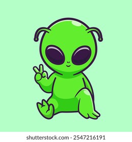 Cute Alien Sitting With Peace Hand Cartoon Vector Icon 
Illustration. Science Technology Icon Concept Isolated 
Premium Vector. Flat Cartoon Style 