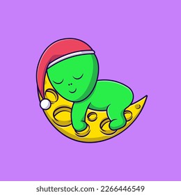 Cute Alien Sleeping On Moon Wearing Beanie Hat Cartoon Vector Icons Illustration. Flat Cartoon Concept. Suitable for any creative project.
