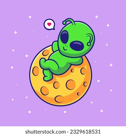 Cute Alien Sleeping On Moon Cartoon Vector Icon Illustration. Science Technology Icon Concept Isolated Premium Vector. Flat Cartoon Style