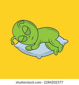 Alien cutáneo durmiendo en almohada Caricatura Pegatina vectorial Ilustración